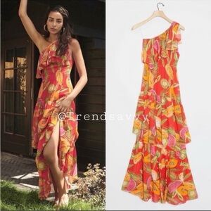 Farm Rio Papayas One Shoulder Maxi Dress Red Tropical Ruffle Size M Resort